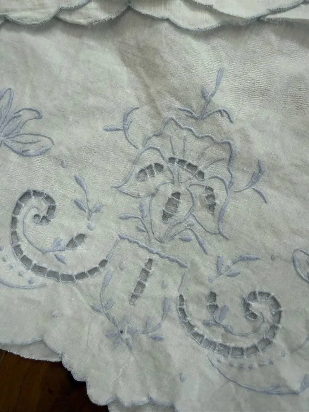 2 Vintage Queen Size Pillowcases Blue Embroidered Scalloped Edge
